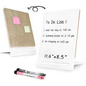 Acrylic Dry Erase Board & Felt Board Combo, 11.4'' x 8.3" Double-Sided Desktop Whiteboard with Stand, Small Frameless Black Message Board with 3 Markers and 20 Pins for Office Home School