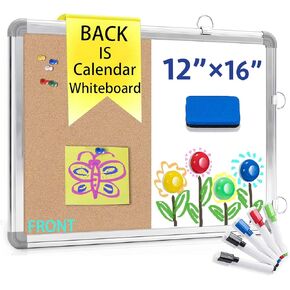 3-in-1 Combination Magnetic Calendar Whiteboard & Corkboard Combo,Ncozwo 12" x 16" Hanging Whiteboard with 5 Markers and 1 Magnetic Dry Eraser,Portable Board for Drawing & Planning