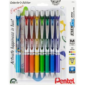 EnerGel RTX Retractable Liquid Gel Pen, Happiness Expressions Pack, 0.7mm, Metal Tip, Medium Line, Assorted Ink, Pack of 8 Pens (BL77XHAPBP8M)