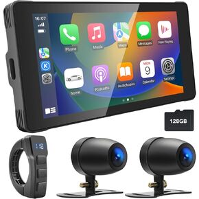 Portable Motorcycle Dash Cam, Motorcycle Wireless Apple CarPlay & Android Auto, HD Dual 1080P Dash Camera, Motorcycle DVR GPS, Digital Display Wire Control, 5.5" Touch Screen, 128GB TF Card