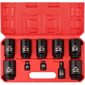 1/2" Drive Deep Impact Socket Set, 10-Piece Spindle Axle Nut Socket Set CR-MO 6 Point 30,31,32,33,34,35,36mm Metric socket, with 3/8" - 1/2" Socket Adapter Set Universal Joint Socket