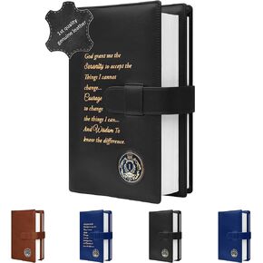 GALILEO® Genuine Leather Double AA Big Book Cover & 12 Steps & 12 Traditions | Medallion Holder | Perfect Gift | Alcoholics Anonymous (Genuine Leather, Black/Serenity Prayer)