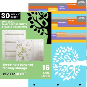 30 Two Sided Large Family Group Sheets, 8.5" x 11" Printed Paper with Blank Charts, Three-Hole Punch, Insert Sheets and Tab Pages for Family Ancestry Generations