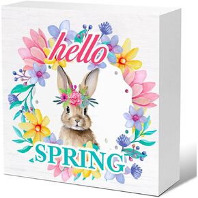 Spring Decor Hello Spring Bunny Wood Sign Home Desk Tabletop Shelf Decor Farmhouse Spring Decorations 5 x 5 Inches