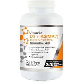 Vitamin D3 + K2 (MK7) Supplement (8 Months Supply) - Non-GMO - High Potency Formula for Optimal Health, 10000 IU Vitamin D3 & 100 mcg Vitamin K2