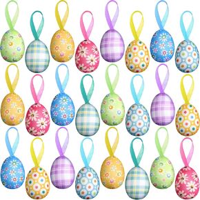 48 Pcs Easter Eggs Hanging Ornaments Sunflower Buffalo Plaid Dots Easter Hanging Eggs Spring Easter Egg Ornaments Colorful Easter Decorations for Tree Easter Basket Filler Decor Party Favors