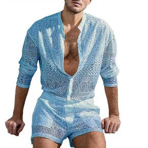Cocoarm Men Lace Shirt Shorts Set Transparent Lace Button Down Long Sleeve Shirt Casual Hollow Top Shorts Set for Men(S-Sky Blue)