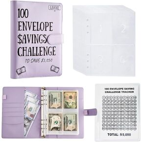 100 Envelopes Money Saving Challenge Book with Preprinted Numbers and Laminated Tracking Page - Easy & Fun Way to Save $5,050 in 100 Days, Money Budget Binder with Cash Envelopes by LARIXE (Purple)
