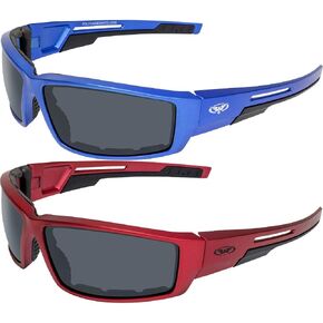 Global Vision 2 Pair Sly Motorcycle ATV Padded Riding Glasses Sunglasses with Smoke Lenses and Red and Blue Metallic Frames