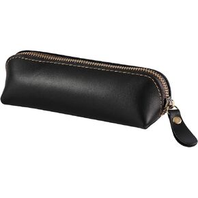 Pen Pouch Pencil Bag Black Leather Pencil Holder Small Portable Zipper Case for Fountain Pen Markers Makeups Change Coins,Gift for Adults Mens Womens (Black)