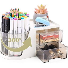 360° Rotating White Desk Pen Organizer with Drawer Multi Functional Stationery and Cosmetic Display Cases Cute Pencil Holder for Desk
