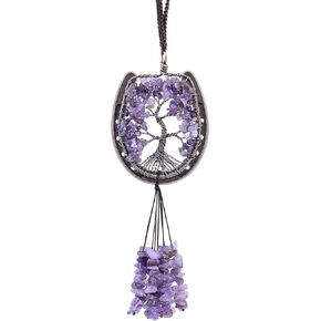 SUNYIK Horseshoe Tree of Life Crystal Hanging Ornament, Handmade 7 Chakra Stone Crystal Wind Chime for Indoor Outdoor Wall Decoration, Amethyst