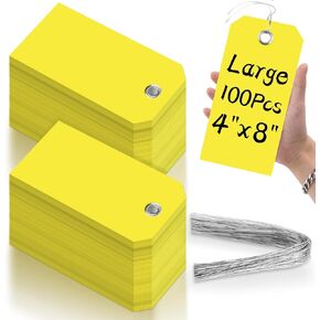 100 Pieces 4x8 inch Large Plastic Tags with Wires Heavy Duty Waterproof Shipping Tags with String Writable Blank Hang Tags for Luggage Garage Inventory Car Parts (Green)