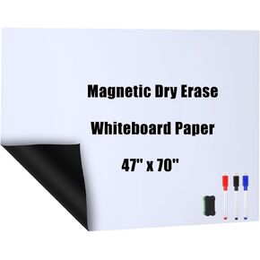 Magnetic Whiteboard Contact Paper Adhesive Dry Erase Board for Wall White Board Sticker Peel and Stick Wallpaper for Playroom Office Classroom with 3 Markers and Eraser(47 x 70 Inch)