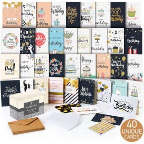 Happy Birthday Cards Assortment - Bday Cards in Bulk - 5x7 Assorted Variety Box Set 40 Pack Unique Designs with Envelopes - Birthday Card for Men Women Kids - for Office - Greeting Message Inside
