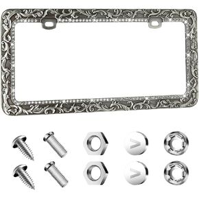 Metal Car License Plate Frames,Antique Old Pattern Printing, Bling Crystal Rhinestones Inlaid,Universal 2 Holes Automotive Replacement Parts Plate Holder(2 Pack)
