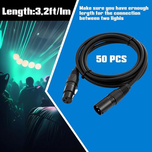50 جهاز كمبيوتر شخصى 3.2ft DMX كابل مرن 1 متر كابلات إشارة DMX 3 أسلاك إشارة دبوس مع موصلات معدنية XLR سلك كابل ذكر إلى أنثى لإضاءة المسرح أضواء DJ اتصال، أسود in Kuwait