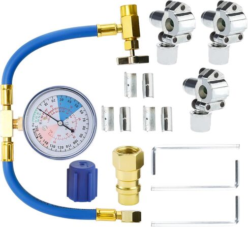 مقياس خرطوم شحن غاز التبريد R134A، طقم خرطوم إعادة شحن غاز التبريد مع 3 عبوات BPV-31 مجموعة صمامات صنبور ثقب الرصاصة لعلبة شحن مبرد تكييف هواء السيارة إلى منفذ R-12/R-22 in Kuwait