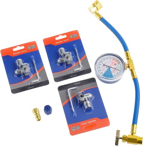 مقياس خرطوم شحن غاز التبريد R134A، طقم خرطوم إعادة شحن غاز التبريد مع 3 عبوات BPV-31 مجموعة صمامات صنبور ثقب الرصاصة لعلبة شحن مبرد تكييف هواء السيارة إلى منفذ R-12/R-22 in Kuwait