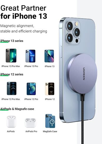 UGREEN Magnetic Wireless Charger, Portable Wireless Charging Pad with 5FT Cable Compatible with iPhone 15/15 Plus/15 Pro/15 Pro Max/14/13/12, and AirPods in Saudi Arabia
