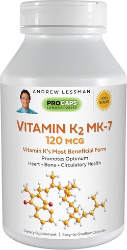 أندرو ليسمان فيتامين K2 MK7 120 ميكروجرام 60 كبسولة هلامية - ضروري لاستخدام الكالسيوم بشكل صحي، ويعزز صحة الهيكل العظمي والقلب والشرايين. لا إضافات. كبسولات هلامية صغيرة سهلة البلع in Kuwait