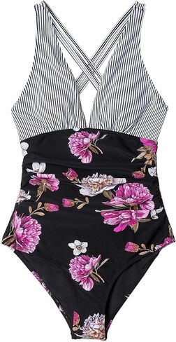 CUPSHE Women's One Piece V Neck Tummy Control Cross Back Vintage Swimsuit in Saudi Arabia