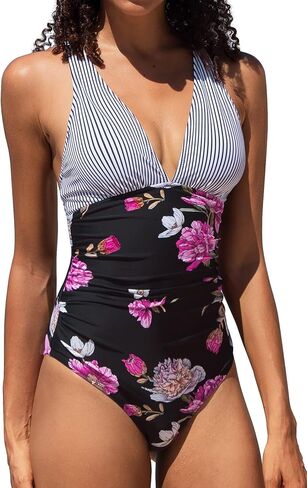CUPSHE Women's One Piece V Neck Tummy Control Cross Back Vintage Swimsuit in Saudi Arabia