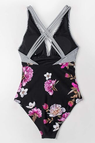 CUPSHE Women's One Piece V Neck Tummy Control Cross Back Vintage Swimsuit in Saudi Arabia