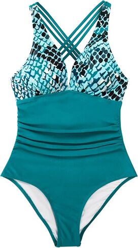 CUPSHE Women's One Piece V Neck Tummy Control Cross Back Vintage Swimsuit in Saudi Arabia