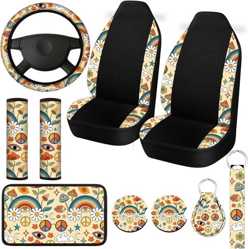 Riakrum 10 Pcs Car Seat Cover Daisy Rear Front Seat Protector Steering Wheel Cover Seat Belt Cover Armrest Pad Cup Mat Keychain Wrist Strap Car Accessories (Daisy Style) in Saudi Arabia