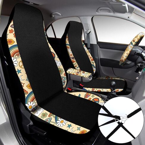 Riakrum 10 Pcs Car Seat Cover Daisy Rear Front Seat Protector Steering Wheel Cover Seat Belt Cover Armrest Pad Cup Mat Keychain Wrist Strap Car Accessories (Daisy Style) in Saudi Arabia