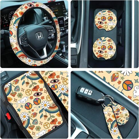 Riakrum 10 Pcs Car Seat Cover Daisy Rear Front Seat Protector Steering Wheel Cover Seat Belt Cover Armrest Pad Cup Mat Keychain Wrist Strap Car Accessories (Daisy Style) in Saudi Arabia