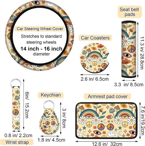 Riakrum 10 Pcs Car Seat Cover Daisy Rear Front Seat Protector Steering Wheel Cover Seat Belt Cover Armrest Pad Cup Mat Keychain Wrist Strap Car Accessories (Daisy Style) in Saudi Arabia