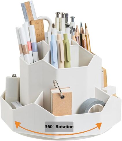 حامل أقلام رصاص للمكتب، منظم أقلام مكتب بلاستيكي يدور 360 درجة، 9 فتحات لطيفة دوارة لأقلام الرصاص المكتبية، علبة تخزين ثابتة لمستلزمات المكتب والأطفال والمدرسة المنزلية (بيج) in Kuwait
