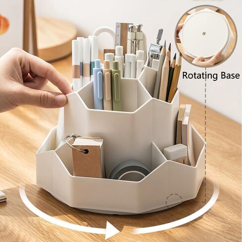 حامل أقلام رصاص للمكتب، منظم أقلام مكتب بلاستيكي يدور 360 درجة، 9 فتحات لطيفة دوارة لأقلام الرصاص المكتبية، علبة تخزين ثابتة لمستلزمات المكتب والأطفال والمدرسة المنزلية (بيج) in Kuwait