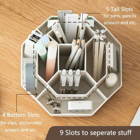 حامل أقلام رصاص للمكتب، منظم أقلام مكتب بلاستيكي يدور 360 درجة، 9 فتحات لطيفة دوارة لأقلام الرصاص المكتبية، علبة تخزين ثابتة لمستلزمات المكتب والأطفال والمدرسة المنزلية (بيج) in Kuwait