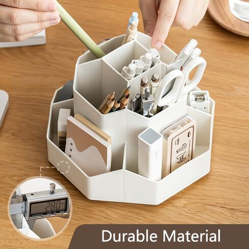 حامل أقلام رصاص للمكتب، منظم أقلام مكتب بلاستيكي يدور 360 درجة، 9 فتحات لطيفة دوارة لأقلام الرصاص المكتبية، علبة تخزين ثابتة لمستلزمات المكتب والأطفال والمدرسة المنزلية (بيج) in Kuwait