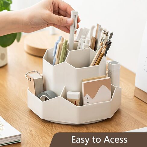 حامل أقلام رصاص للمكتب، منظم أقلام مكتب بلاستيكي يدور 360 درجة، 9 فتحات لطيفة دوارة لأقلام الرصاص المكتبية، علبة تخزين ثابتة لمستلزمات المكتب والأطفال والمدرسة المنزلية (بيج) in Kuwait