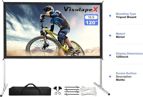 شاشة عرض مع حامل، شاشة أفلام خارجية محمولة من مادة PVC مقاس 120 بوصة مع حامل قابل للطي بشكل متكامل، شاشة عرض سهلة التركيب بنسبة 16:9 مع حقيبة حمل للسفر ليلاً لمشاهدة الأفلام in Kuwait