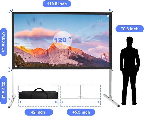 شاشة عرض مع حامل، شاشة أفلام خارجية محمولة من مادة PVC مقاس 120 بوصة مع حامل قابل للطي بشكل متكامل، شاشة عرض سهلة التركيب بنسبة 16:9 مع حقيبة حمل للسفر ليلاً لمشاهدة الأفلام in Kuwait