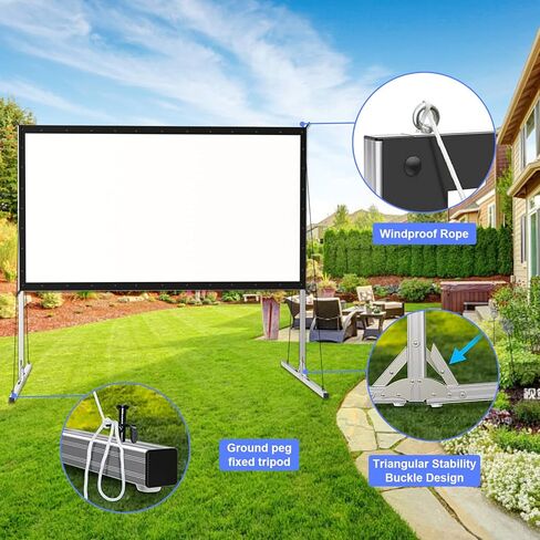 شاشة عرض مع حامل، شاشة أفلام خارجية محمولة من مادة PVC مقاس 120 بوصة مع حامل قابل للطي بشكل متكامل، شاشة عرض سهلة التركيب بنسبة 16:9 مع حقيبة حمل للسفر ليلاً لمشاهدة الأفلام in Kuwait