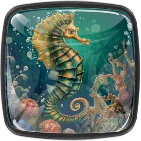 4 قطع Seaworld Seahorse Cartoon نمط السحب ومقابض المقابض لمرسوذة الخزانة والدرج ، مقابض بلورية زخرفية مربعة لحضور غرفة نوم الحضانة ، YJFLS-001-2