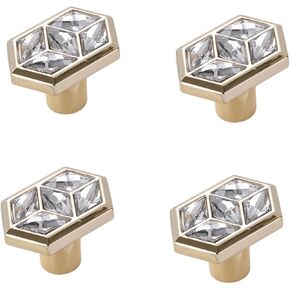 Crystal Door knobs,4 Pack Gold Diamond Handle Cabinet Door Crystal Handle Cabinet Wardrobe Door Crystal Handle, Hexagonal Knob