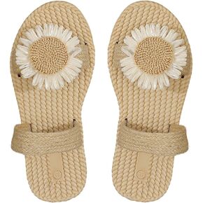 Women's Boho Floral Straw Sandals Open Toe Double Strap Summer Vacation Beach Flat Sandals