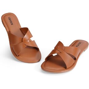 UBXRIN Womens Comfortable Flat Slide Sandals Minimalist Summer Casual Slippers Open Toe,Cognac US8