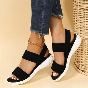 OMIREL Sandals for Women Summer Premium Orthopedic Open Toe Sandals Ankle Strap Wedge Sandals Breathable Beach Sandals Slip-On Casual Wedges Shoes,Black,US5/EU36