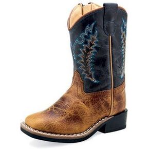 Old West Boots Baby-Baby Broad Square Toe Brown/Navy Leather Cowboy Boots
