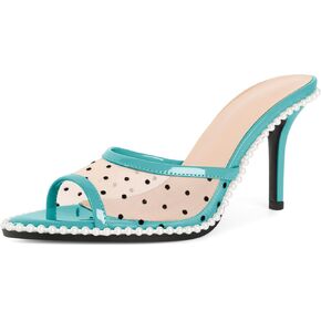 Esvowido Womens Mesh Mule Heels Pointed Open Toe with Beaded Accents Slip On Party Wedding Heels