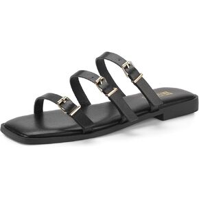 IDIFU Womens Strappy Flat Sandals Square Open Toe Gladiator Slides Sandals Three Adjustable Buckle Straps Slip On Summer Dress Shoes Beach Wedding Prom Work Travel Trendy Dressy Casual Cute Sandals