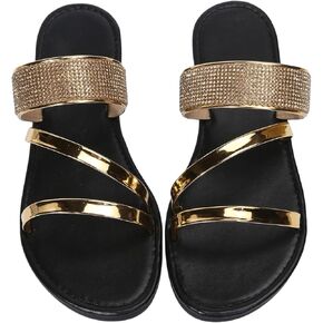 GORGLITTER Women's Metallic Strappy Flat Sandals Dressy Sparkly Open Toe Slide Vacation Summer Sandals